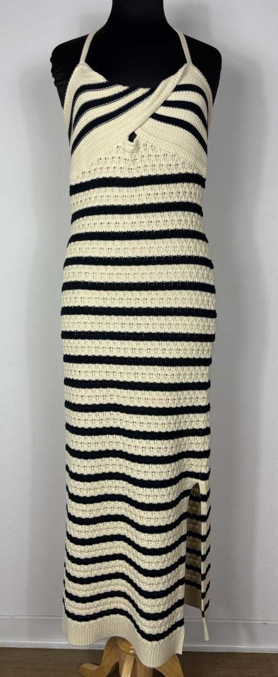 House of Harlow 1960 Tan Black Stripe Crochet Halter Midi Dress Boho Resort Sz M